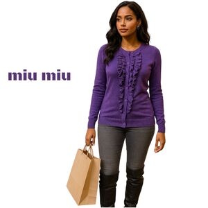 Miu Miu Virgin Wool Violet Ruffle Cardigan
